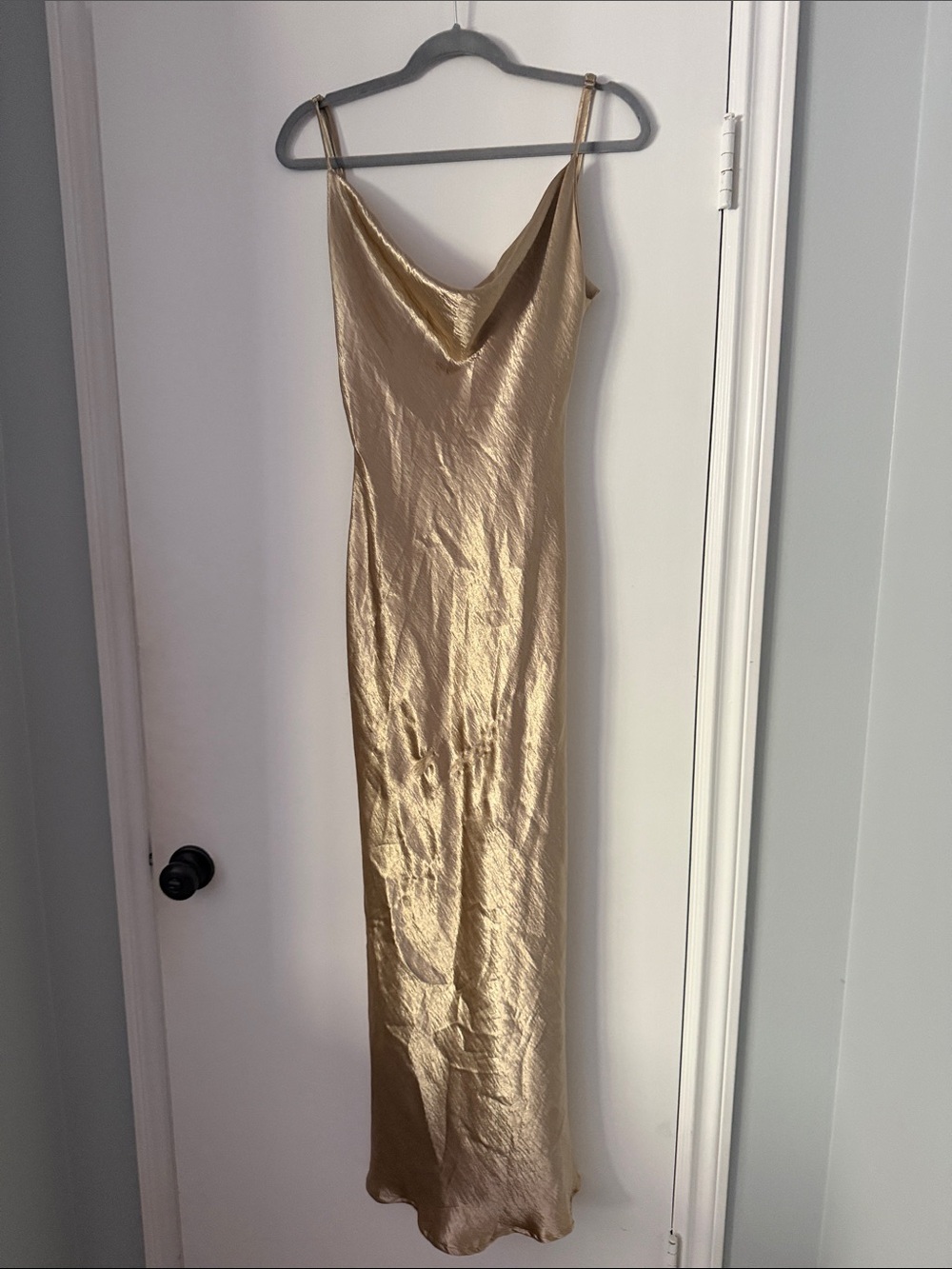 Gold Satin Slip Dress - Cowl Neck Maxi